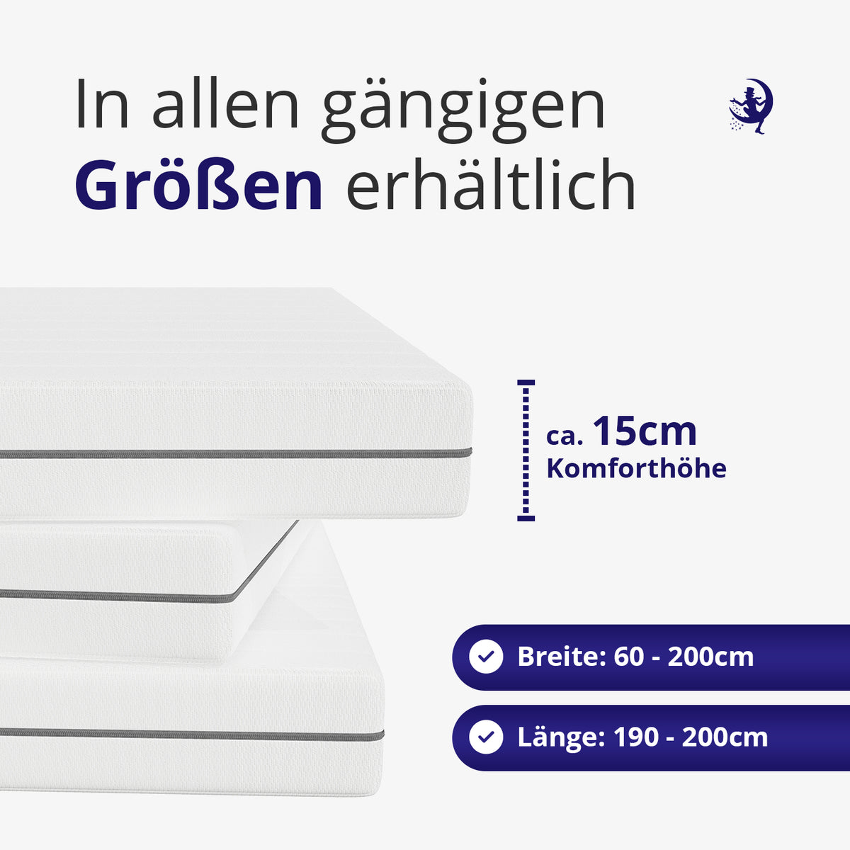Groessenuebersicht der Gelschaummatratze mit ca. 15 cm Komforthoehe – in vielen Breiten und Laengen erhaeltlich.