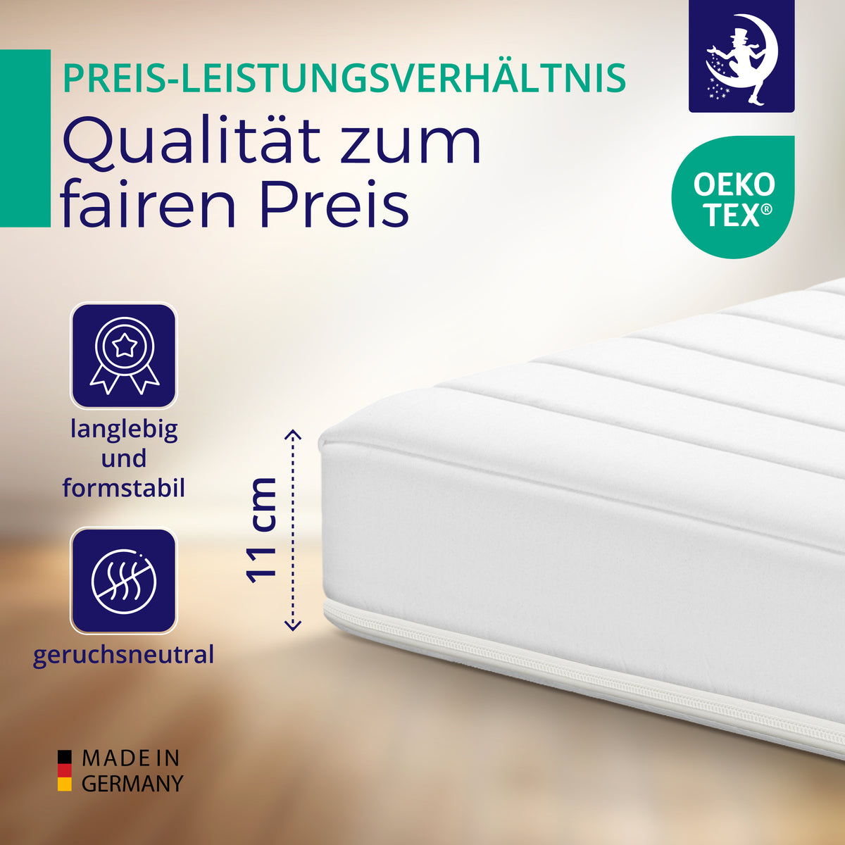 11 cm hohe Kaltschaummatratze, langlebig, formstabil und geruchsneutral – gutes Preis-Leistungs-Verhältnis