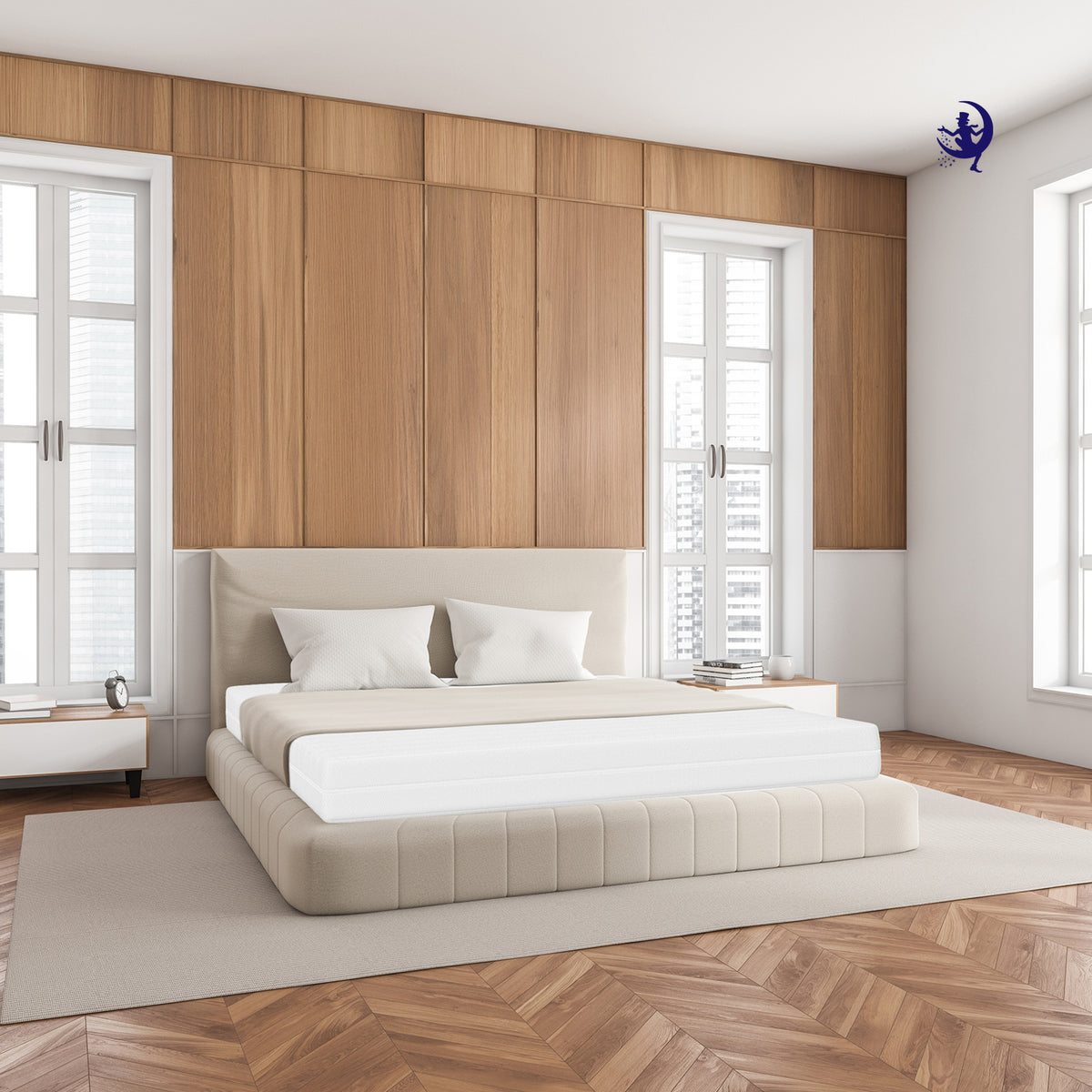 Gelschaummatratze in stilvollem Schlafzimmer mit natürlichem Tageslicht für gesundes Schlafklima