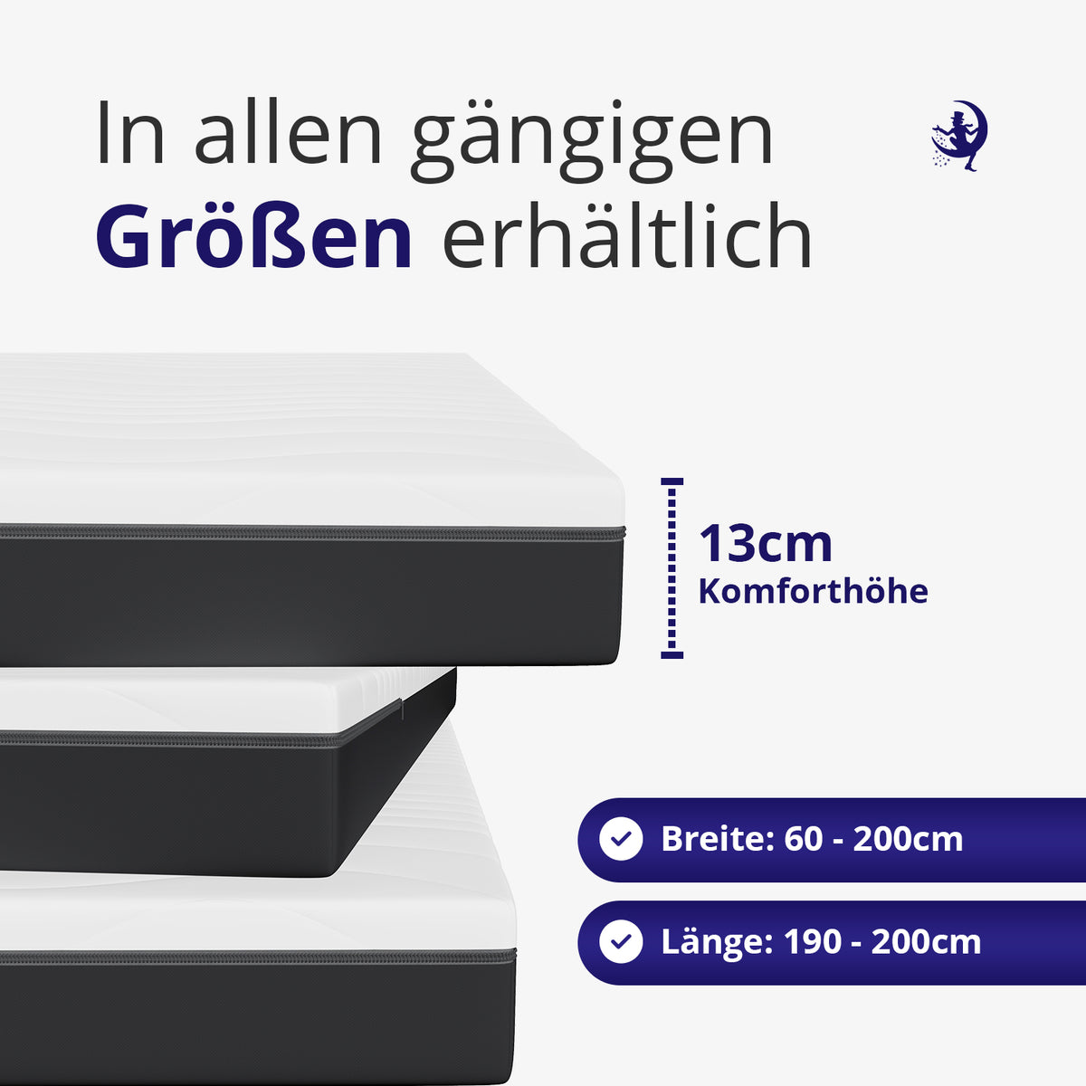 Matratze mit 13 cm Komforthöhe in allen gängigen Grössen von 60x190 bis 200x200 cm verfügbar – platzsparend und bequem