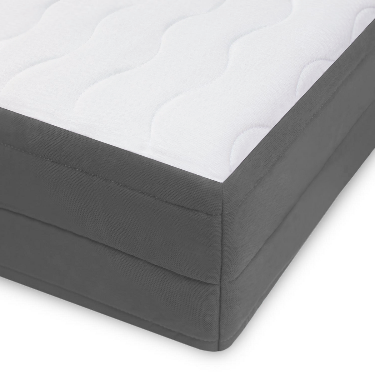 Detailansicht der Matratzen-Ecke mit hochwertigem Doppeltuch-Bezug und ergonomischer Wellenstruktur